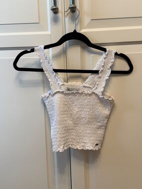 Holister White Smocked Ruffle Strap Crop Top